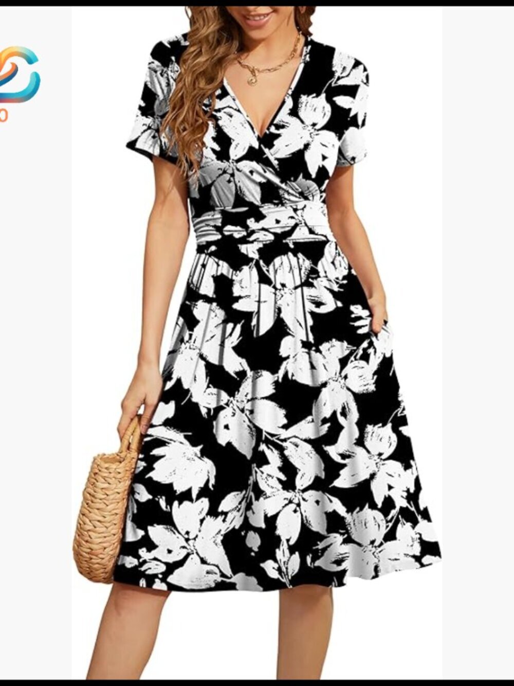 Women's Short Sleeve V-Neck Floral Dress with Pockets Casual Summer Swing
